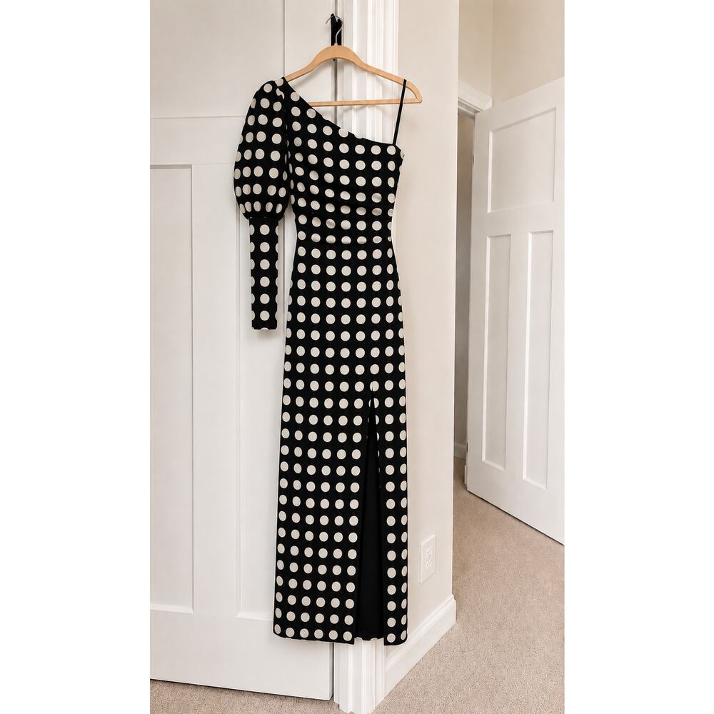 Polka Dot Black Ivory One Shoulder Puff Sleeve Thigh Slit Evening Gown 0 NWT - Picture 4 of 6